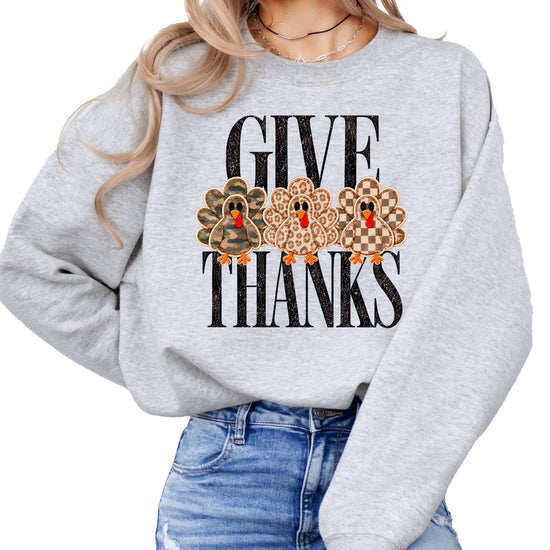 Give Thanks Thanksgiving sweatshirt for women in Gray with camo, leopard and checkered turkeys