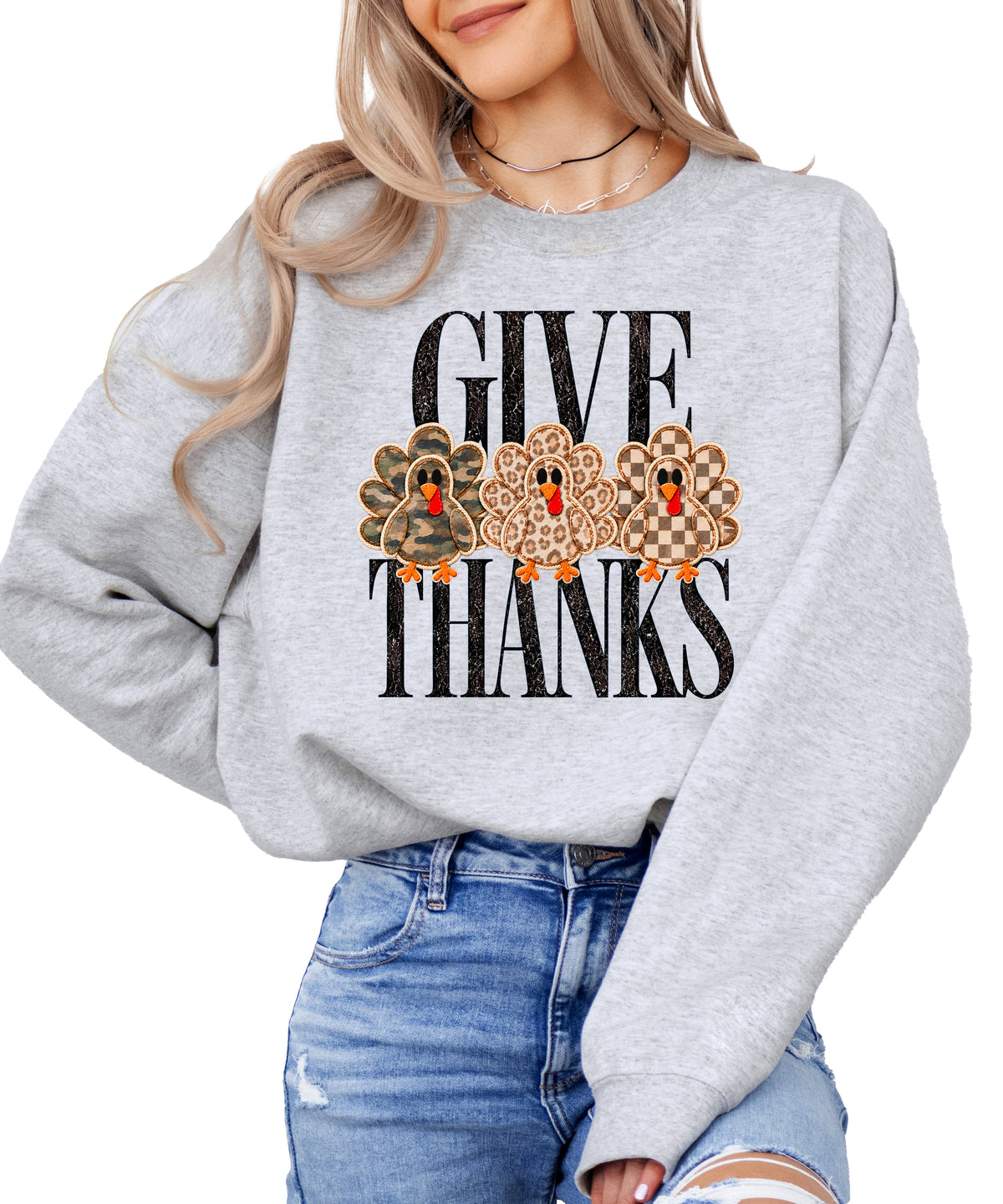 Give Thanks Thanksgiving sweatshirt for women in Gray with camo, leopard and checkered turkeys