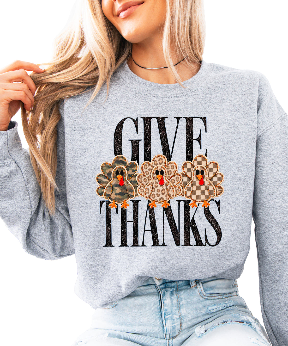 Give Thanks Thanksgiving sweatshirt for women in Gray with camo, leopard and checkered turkeys