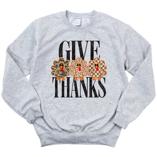 Give Thanks Thanksgiving sweatshirt for women in Gray with camo, leopard and checkered turkeys