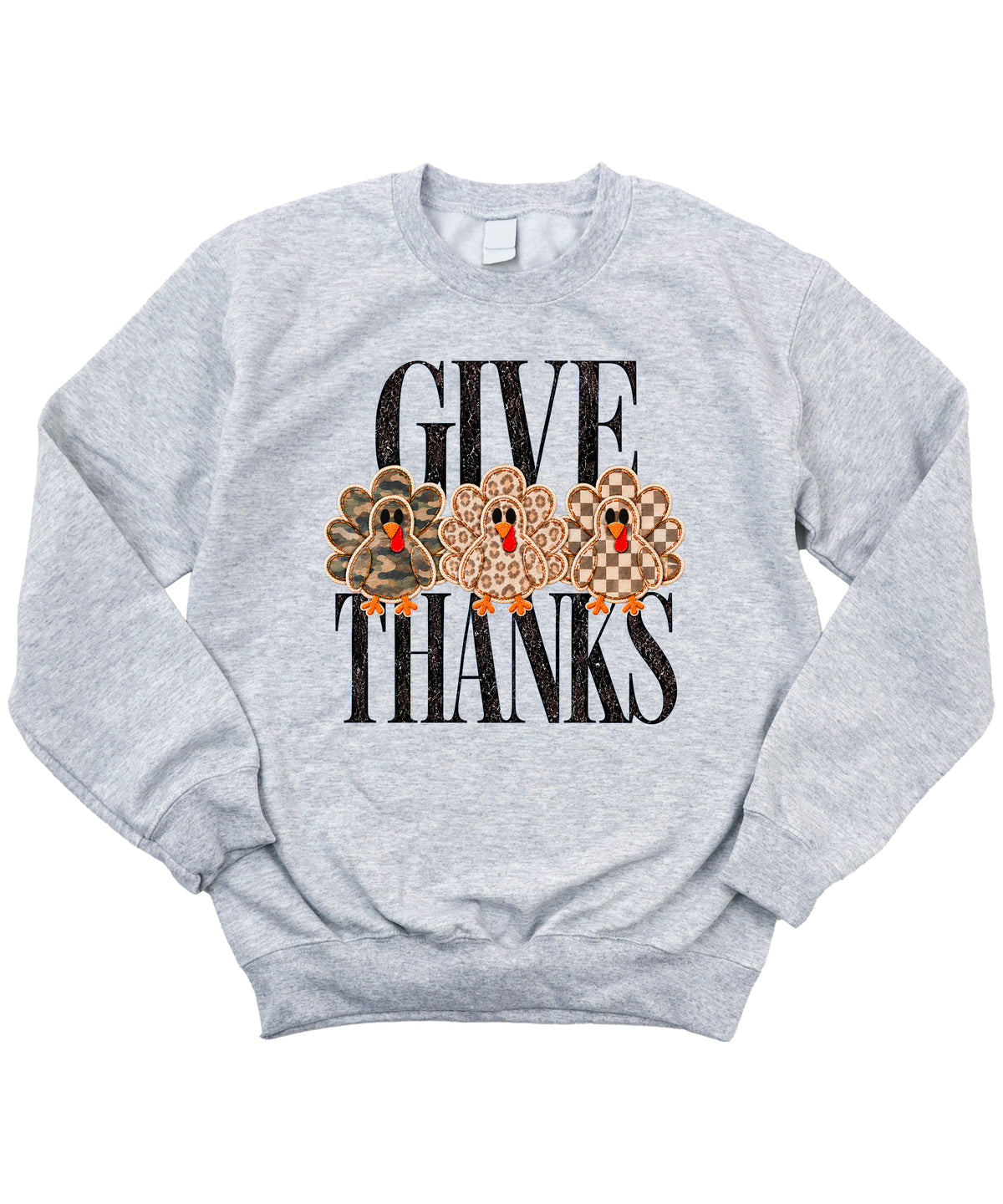 Give Thanks Thanksgiving sweatshirt for women in Gray with camo, leopard and checkered turkeys