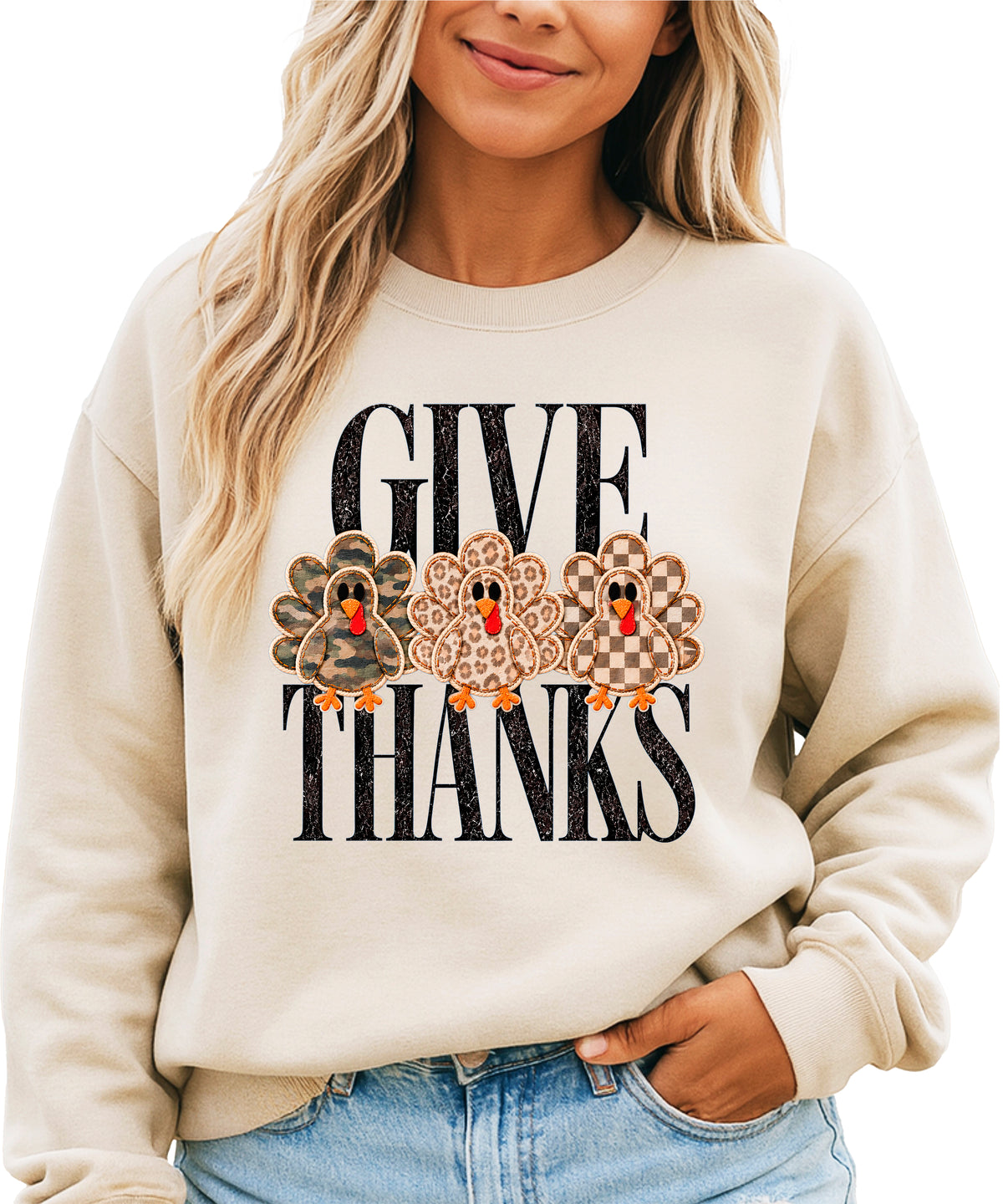 Give Thanks Thanksgiving sweatshirt for women in Sand with camo, leopard and checkered turkeys