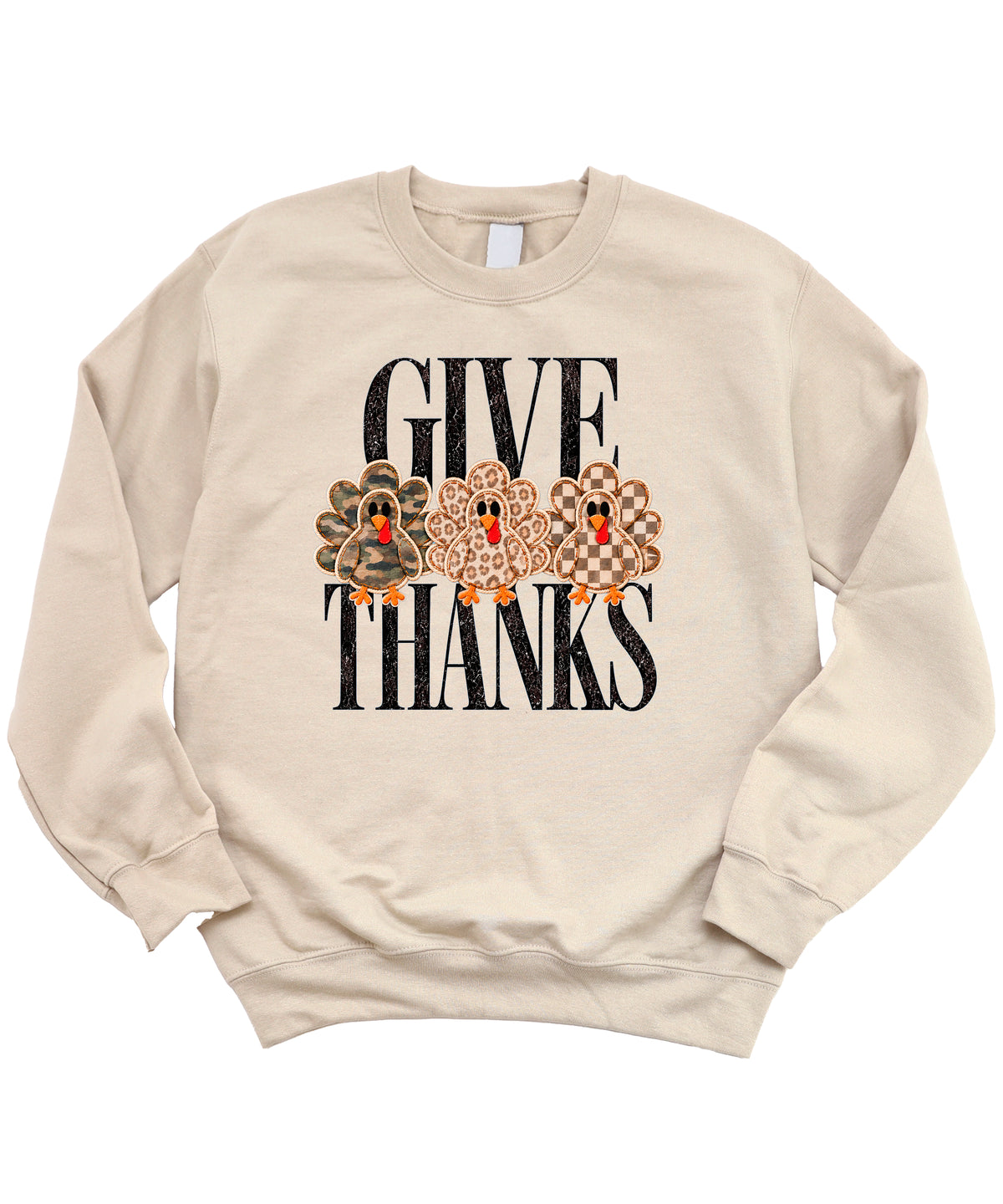 Give Thanks Thanksgiving sweatshirt for women in Sand with camo, leopard and checkered turkeys