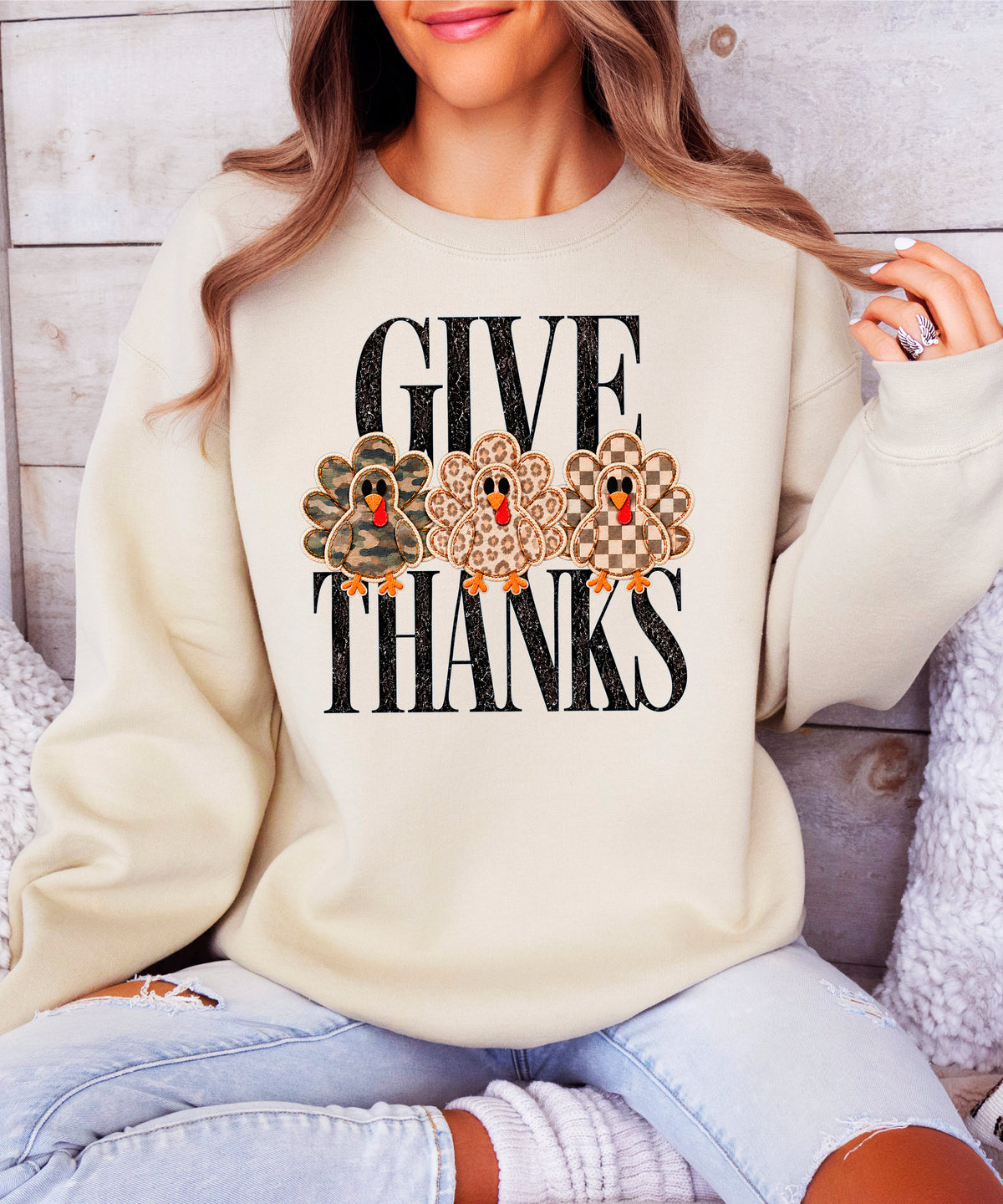 Give Thanks Thanksgiving sweatshirt for women in Sand with camo, leopard and checkered turkeys