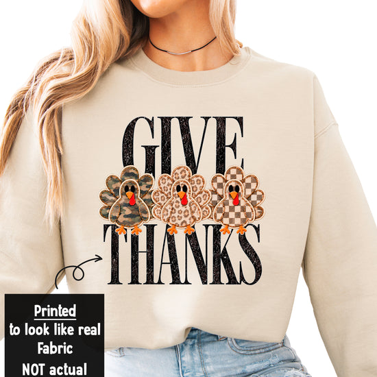 Give Thanks Thanksgiving crewneck sweatshirt with camo, leopard and checkered turkeys