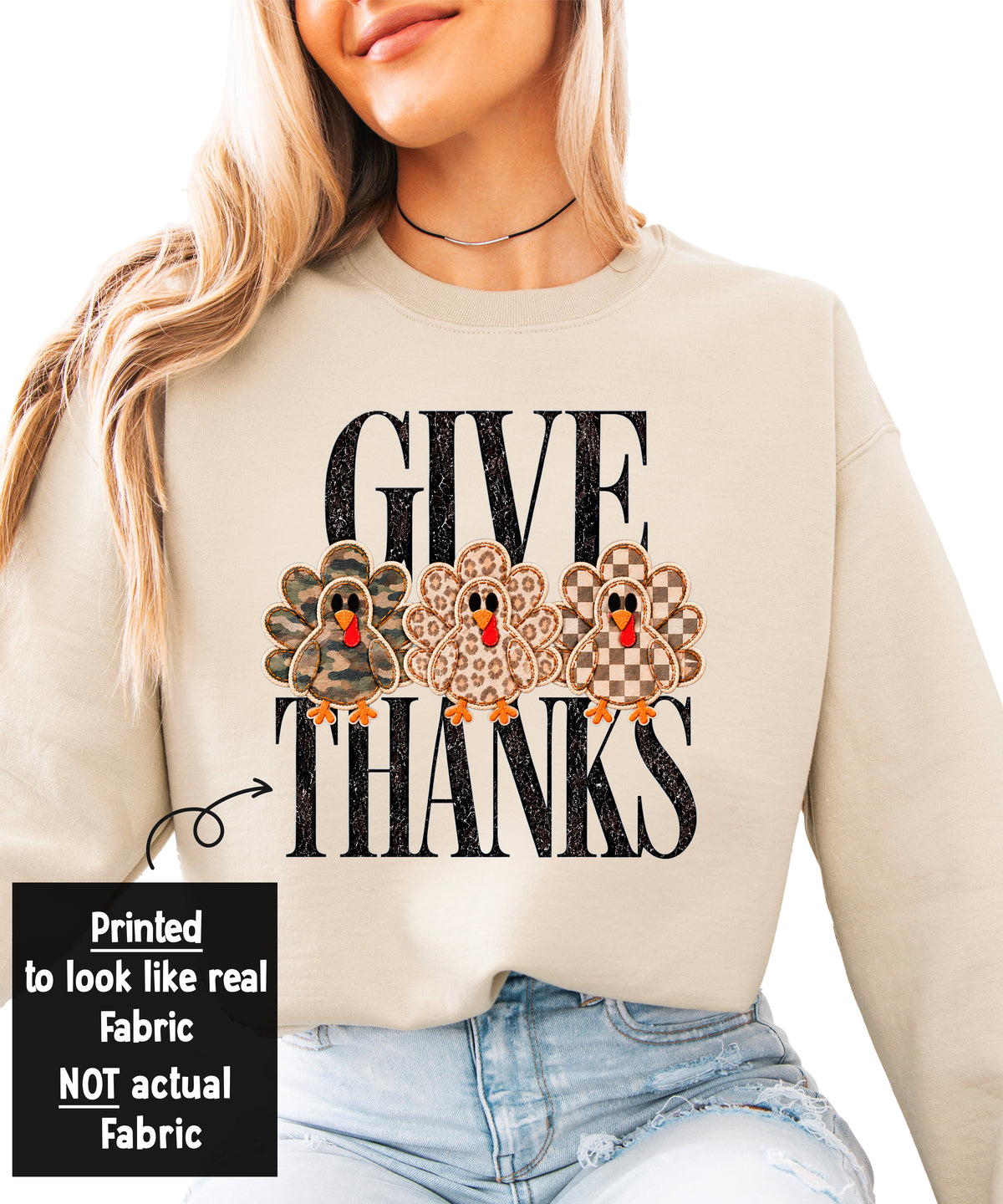 Give Thanks Thanksgiving crewneck sweatshirt with camo, leopard and checkered turkeys