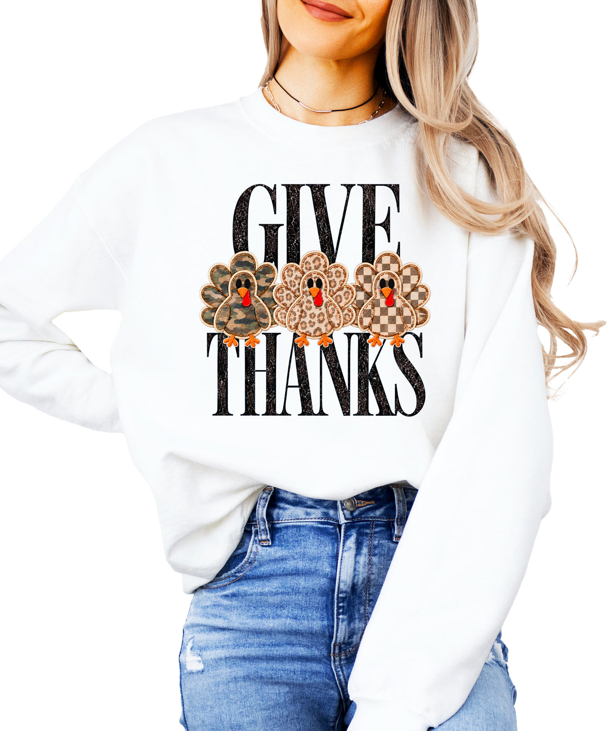 Give Thanks Thanksgiving sweatshirt for women in White with camo, leopard and checkered turkeys