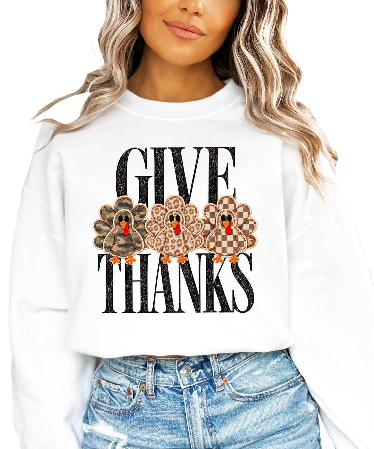 Give Thanks Thanksgiving sweatshirt for women in White with camo, leopard and checkered turkeys