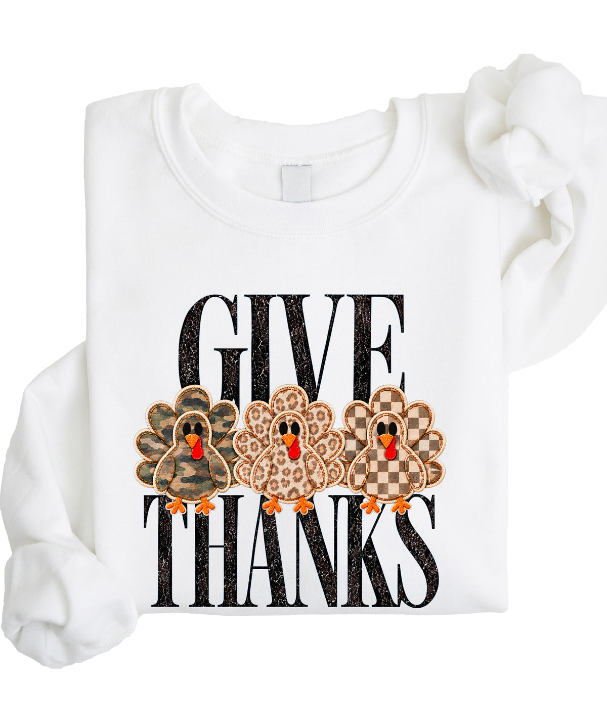 Give Thanks Thanksgiving sweatshirt for women in White with camo, leopard and checkered turkeys
