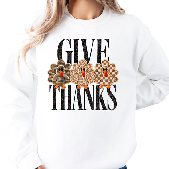 Give Thanks Thanksgiving sweatshirt for women in White with camo, leopard and checkered turkeys