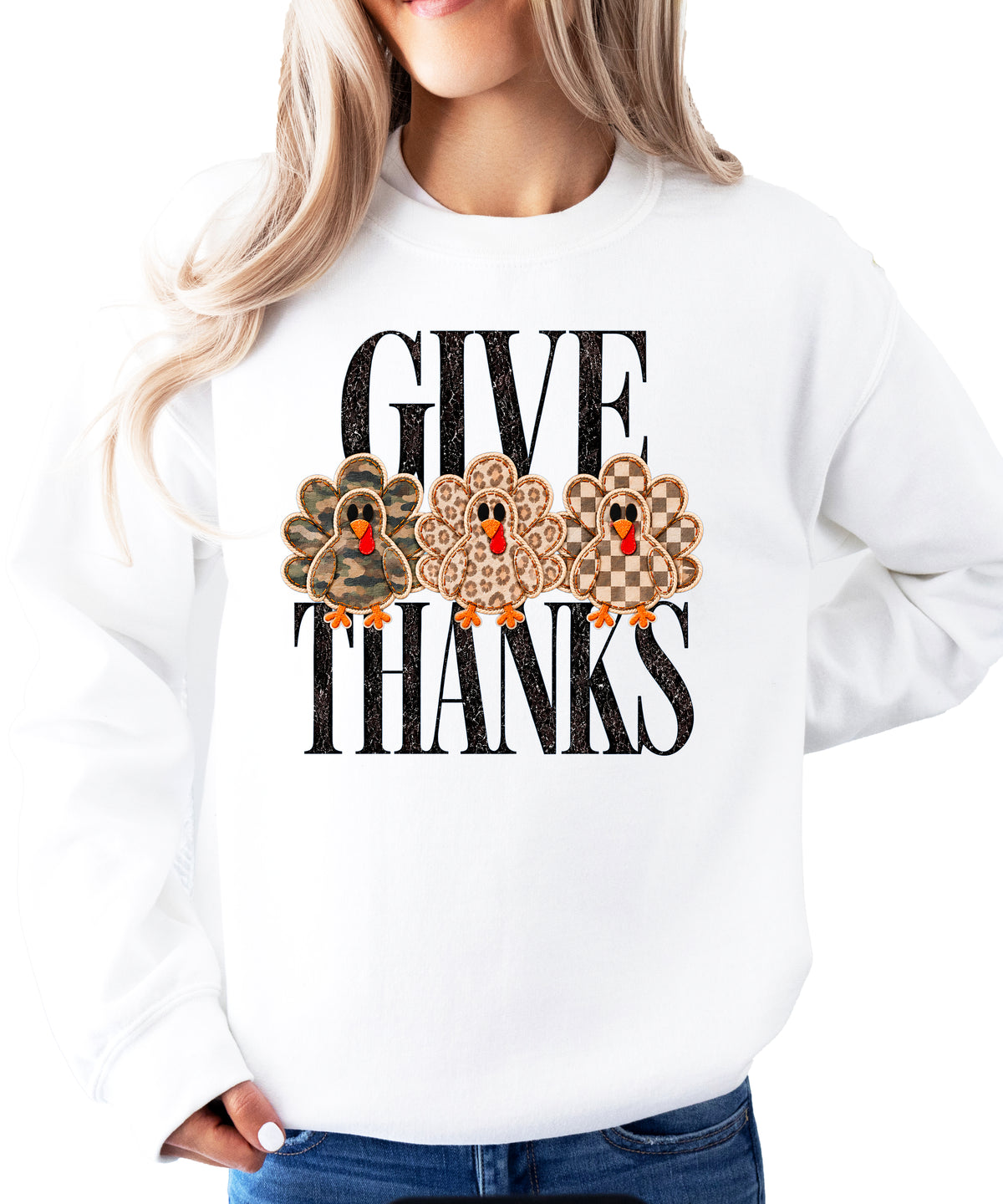 Give Thanks Thanksgiving sweatshirt for women in White with camo, leopard and checkered turkeys