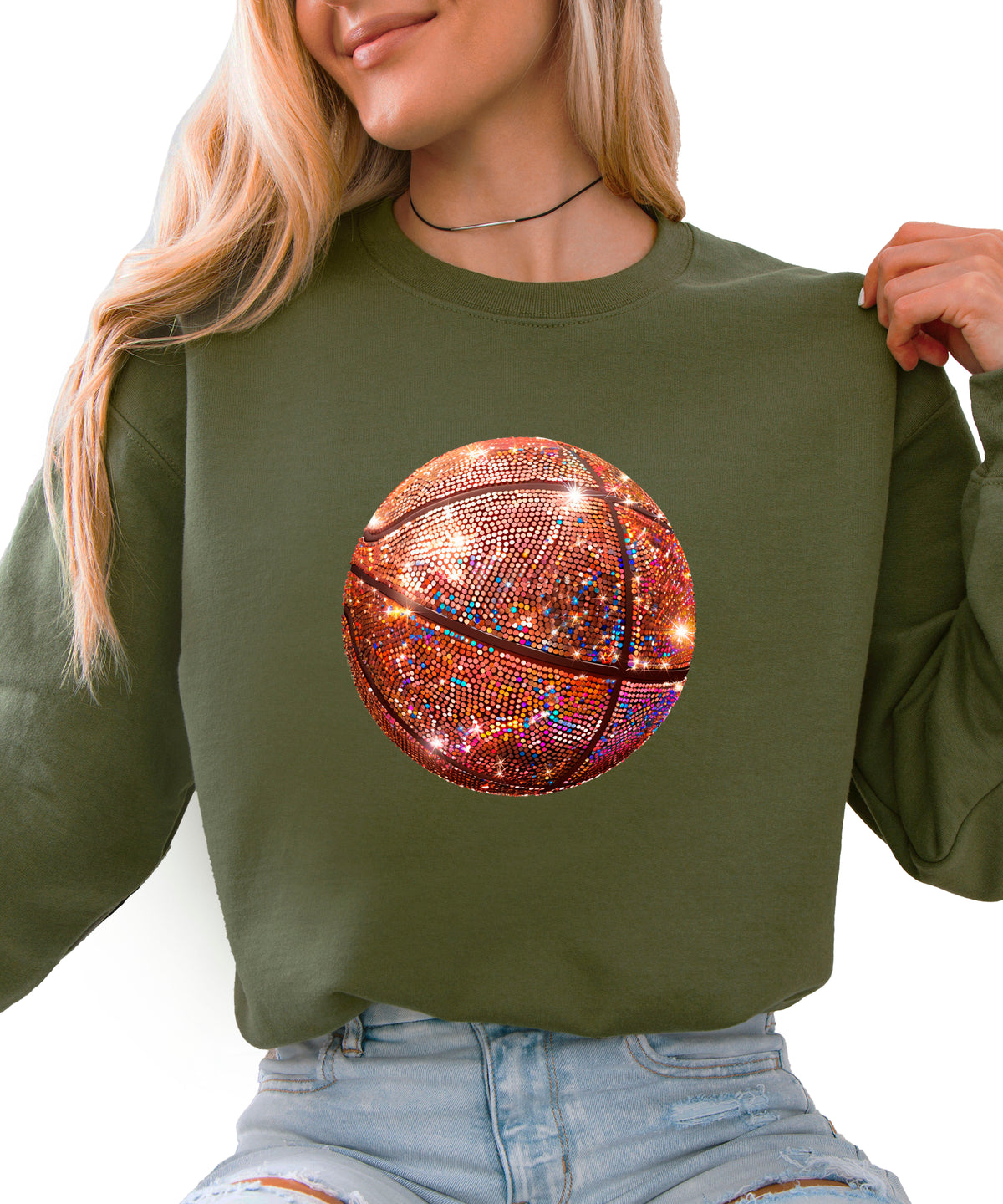 Basketball faux glitter sweatshirt in Army Green, adult - view 1
