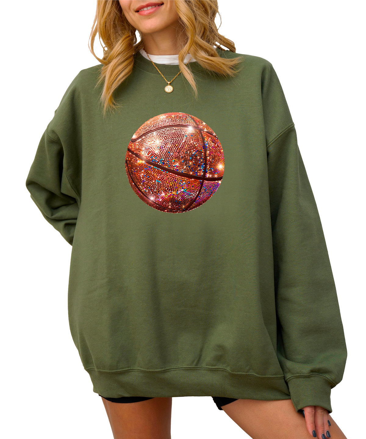 Basketball faux glitter sweatshirt in Army Green, adult - view 2