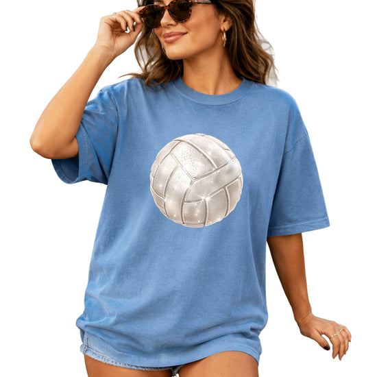 Faux glitter volleyball women's comfort tee in Blue Jean, main front view
