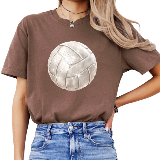 Faux glitter volleyball women's comfort tee in Espresso, main front view
