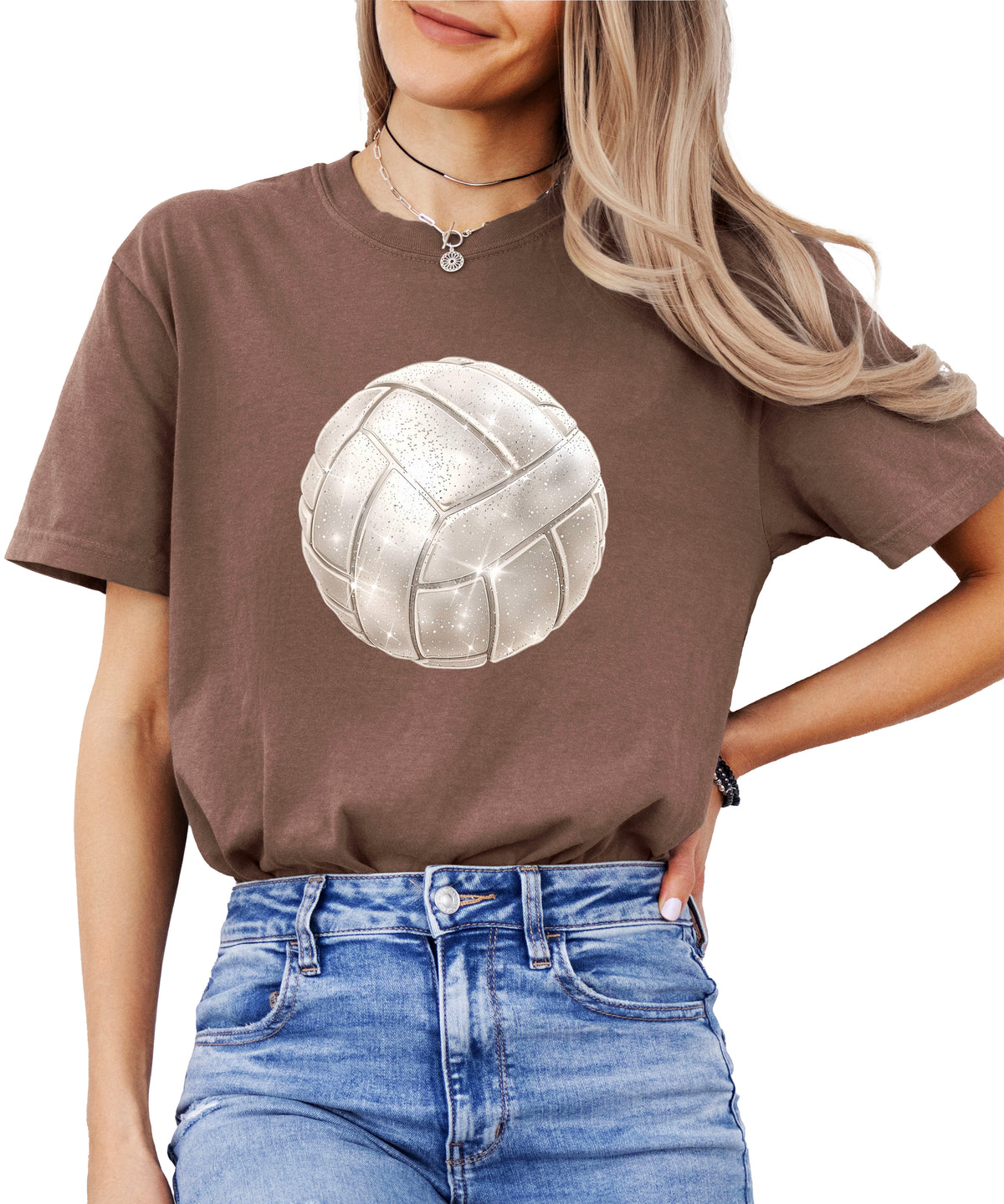 Faux glitter volleyball women's comfort tee in Espresso, main front view
