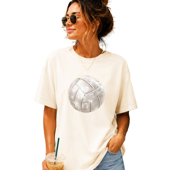 Faux glitter volleyball women's comfort tee in Ivory, main front view