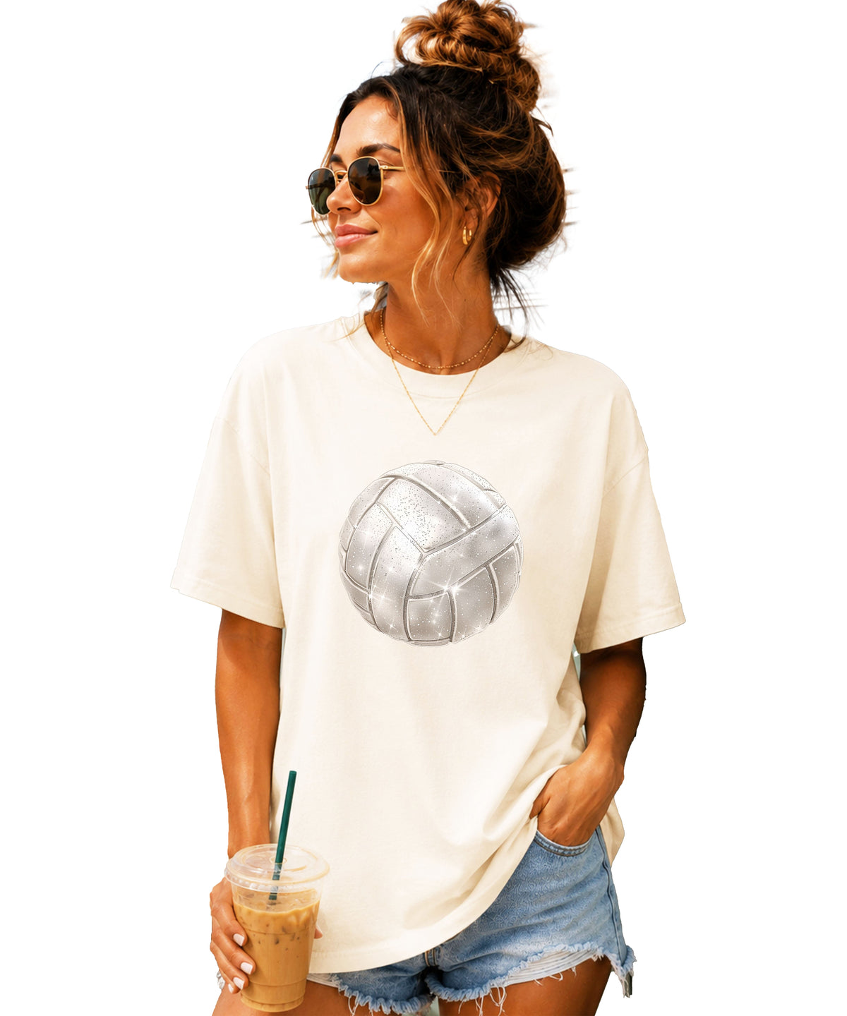 Faux glitter volleyball women's comfort tee in Ivory, main front view
