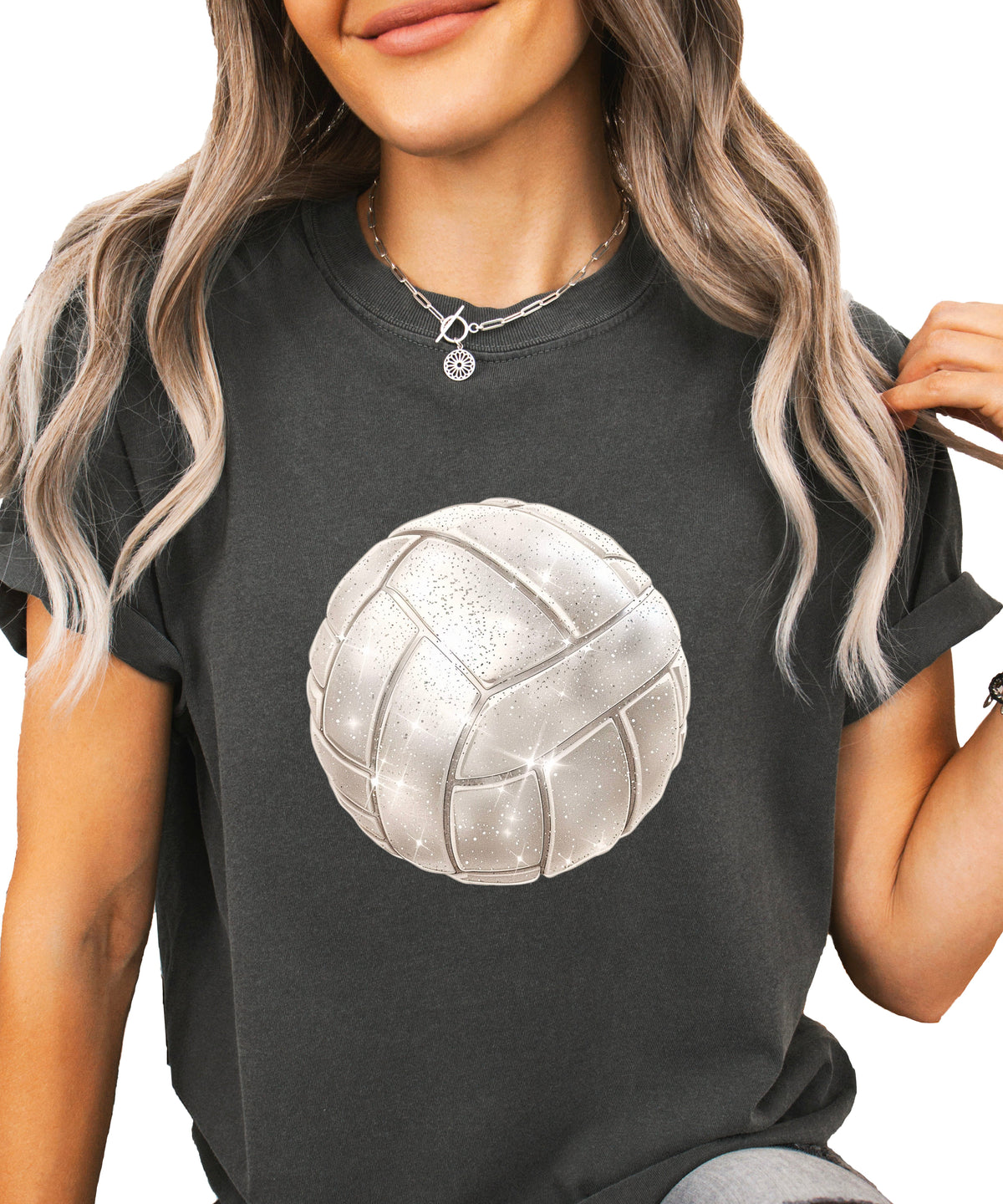 Faux glitter volleyball women's comfort tee in Pepper, main front view