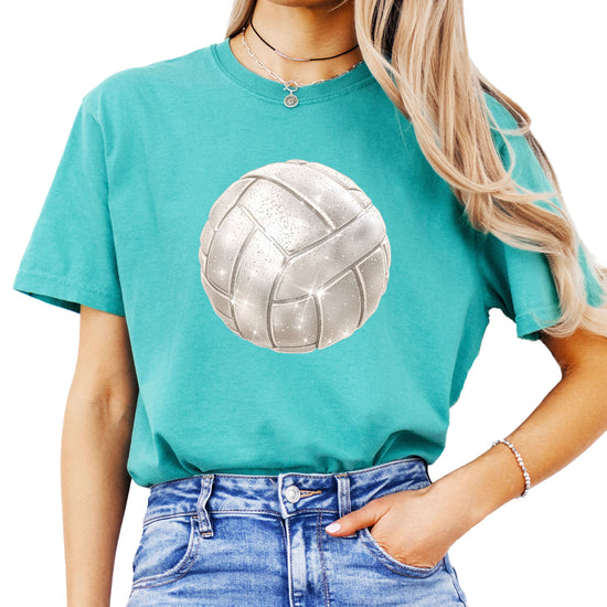Faux glitter volleyball women's comfort tee in Seafoam, main front view