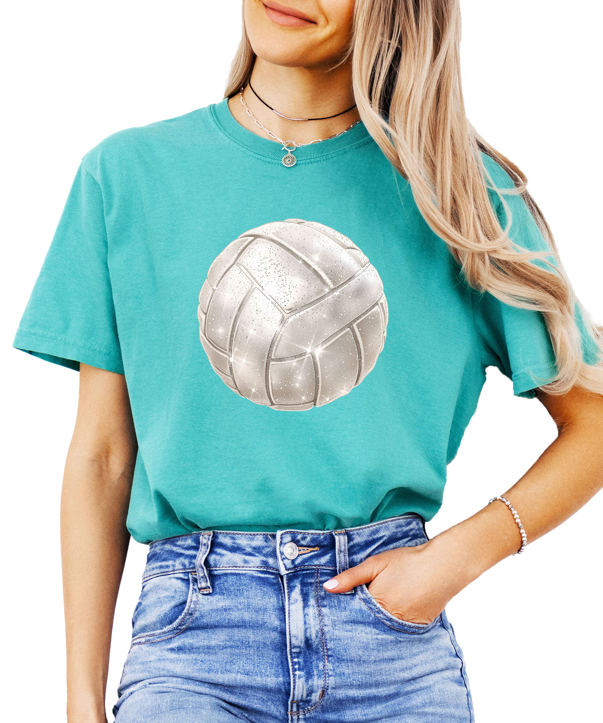 Faux glitter volleyball women's comfort tee in Seafoam, main front view