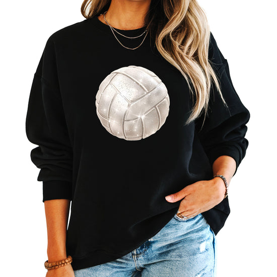 Faux glitter volleyball sweatshirt, black, adult sizes - image 1