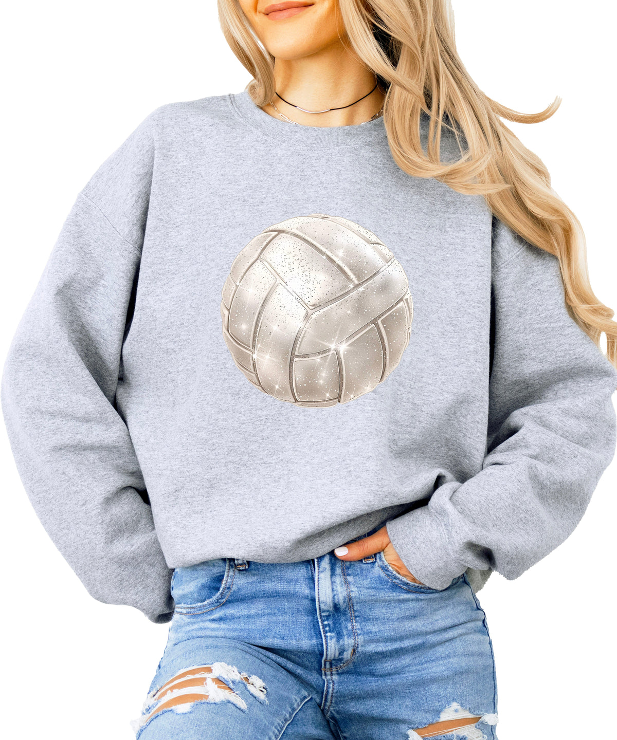 Faux glitter volleyball sweatshirt, gray, adult sizes - image 1