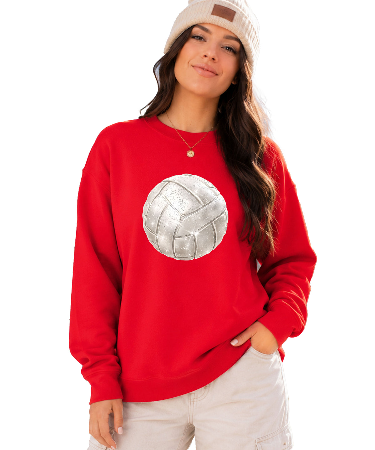 Faux glitter volleyball sweatshirt, red, adult sizes - image 3