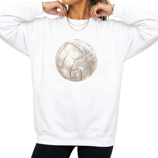 Faux glitter volleyball sweatshirt, white, adult sizes - image 1