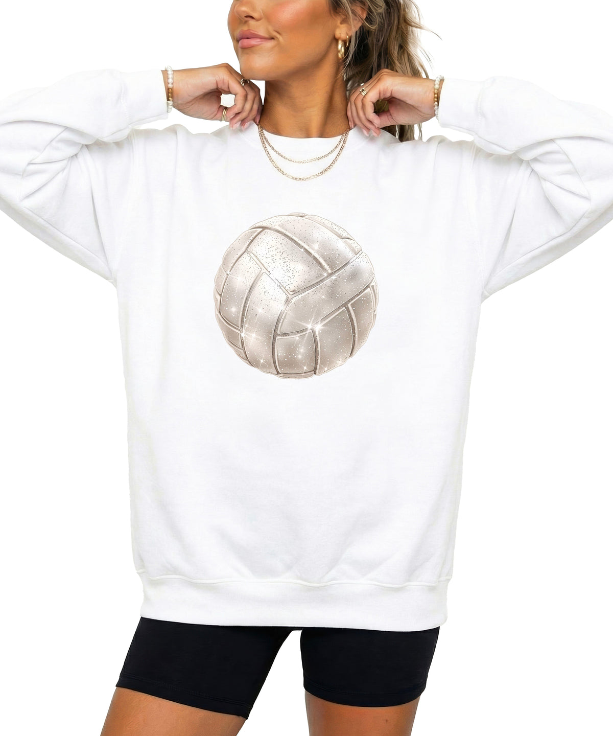 Faux glitter volleyball sweatshirt, white, adult sizes - image 1