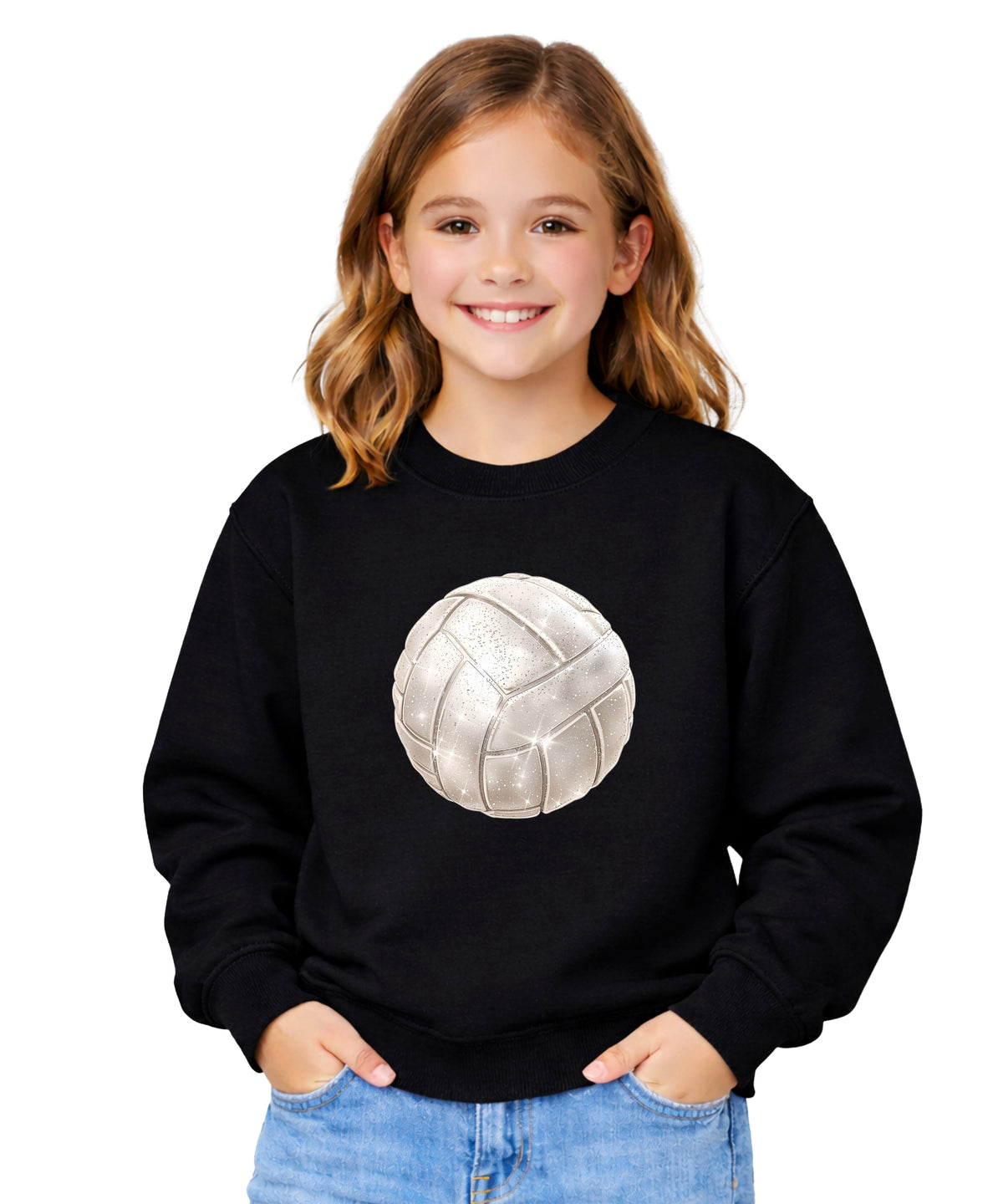 Faux glitter volleyball sweatshirt, black, youth sizes - image 1