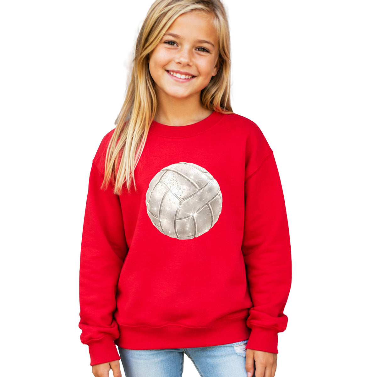 Faux glitter volleyball sweatshirt, red, youth sizes - image 1