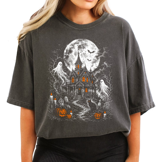 Haunted House Halloween shirt in Pepper, vintage moonlit house graphic tee front view