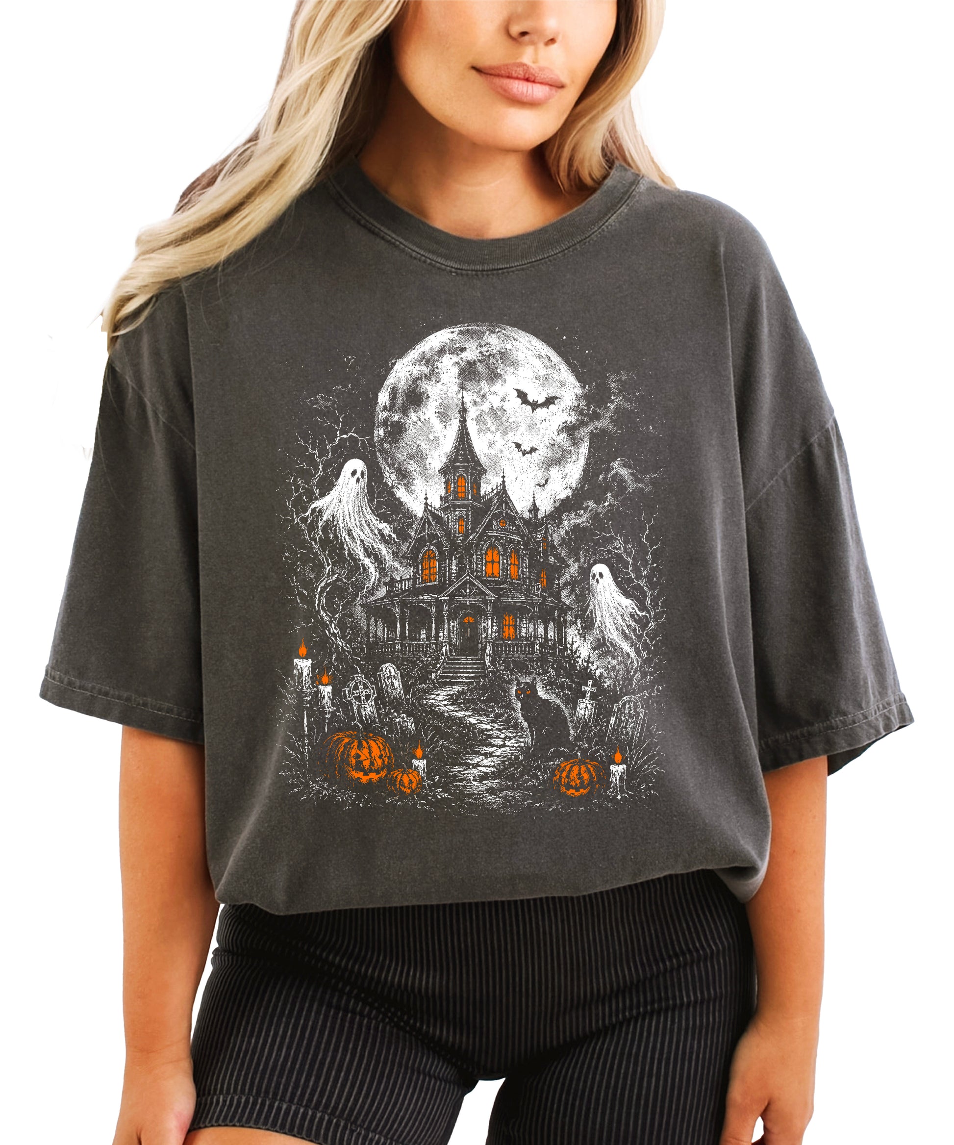 Haunted House Halloween shirt in Pepper, vintage moonlit house graphic tee front view
