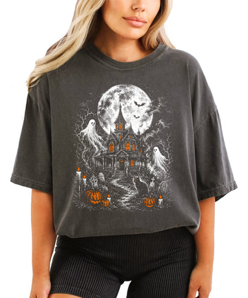 Haunted House Halloween shirt in Pepper, vintage moonlit house graphic tee front view