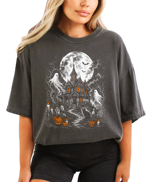 Haunted House Halloween shirt in Pepper, vintage moonlit house graphic tee front view