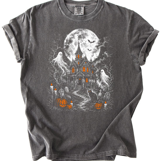 Haunted House Halloween shirt in Pepper, spooky ghost and full moon graphic detail