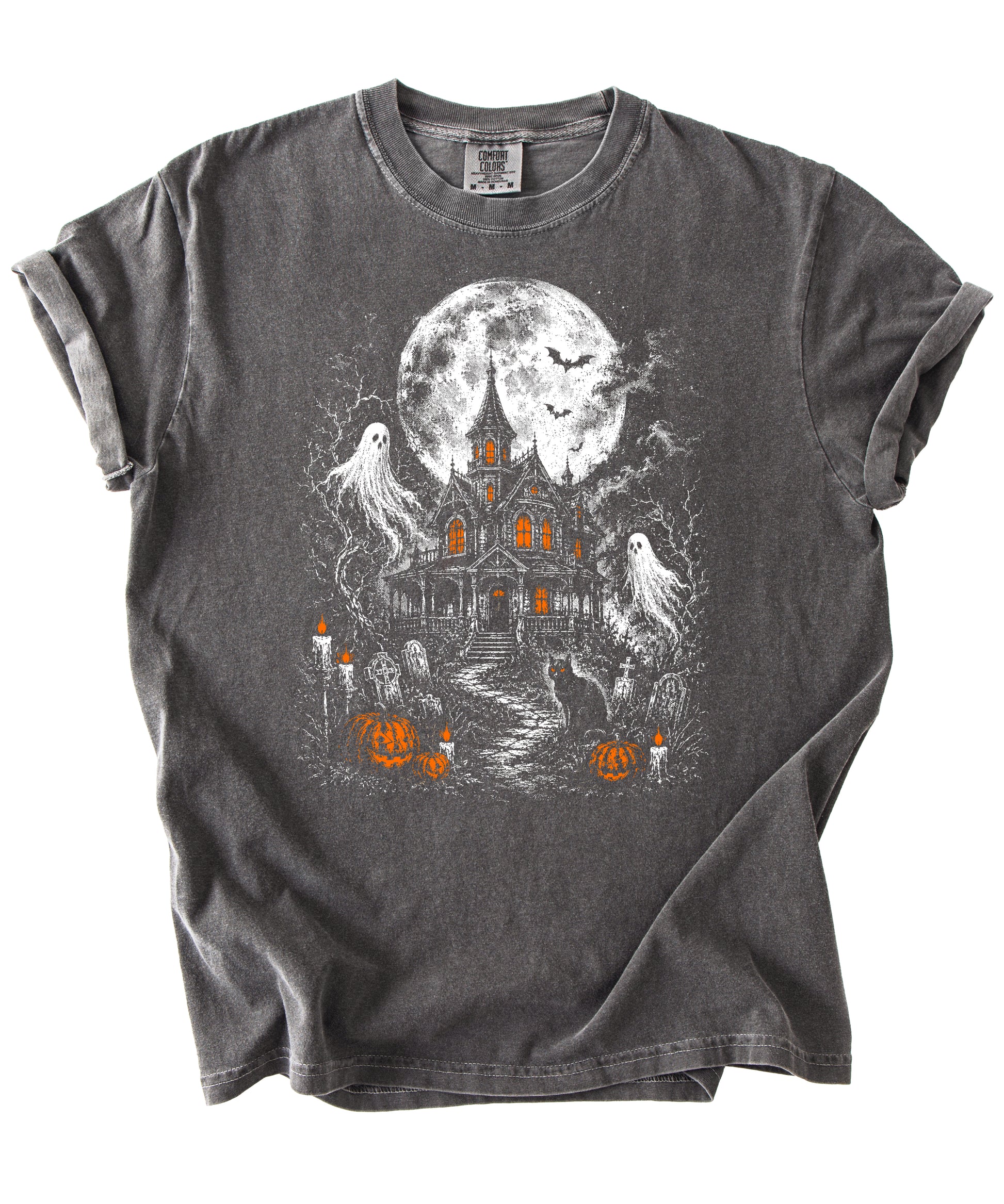 Haunted House Halloween shirt in Pepper, spooky ghost and full moon graphic detail