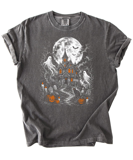 Haunted House Halloween shirt in Pepper, spooky ghost and full moon graphic detail