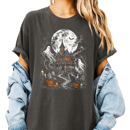 Haunted House Halloween shirt in Pepper, lifestyle view on model