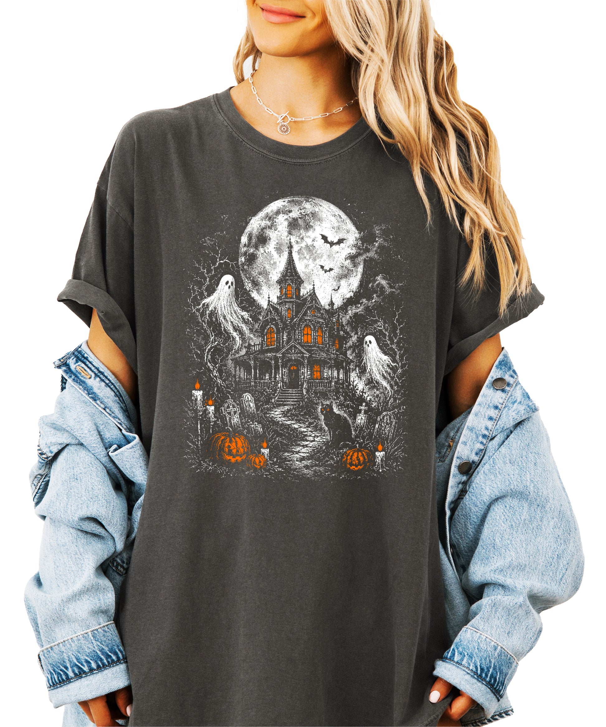 Haunted House Halloween shirt in Pepper, lifestyle view on model