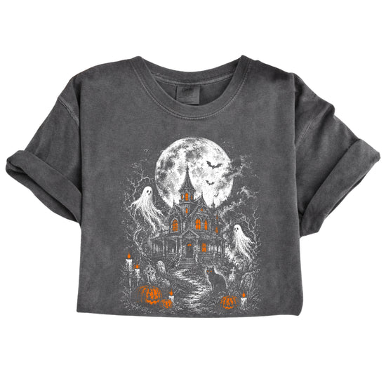 Haunted House Halloween shirt in Pepper, relaxed unisex fit styling shot