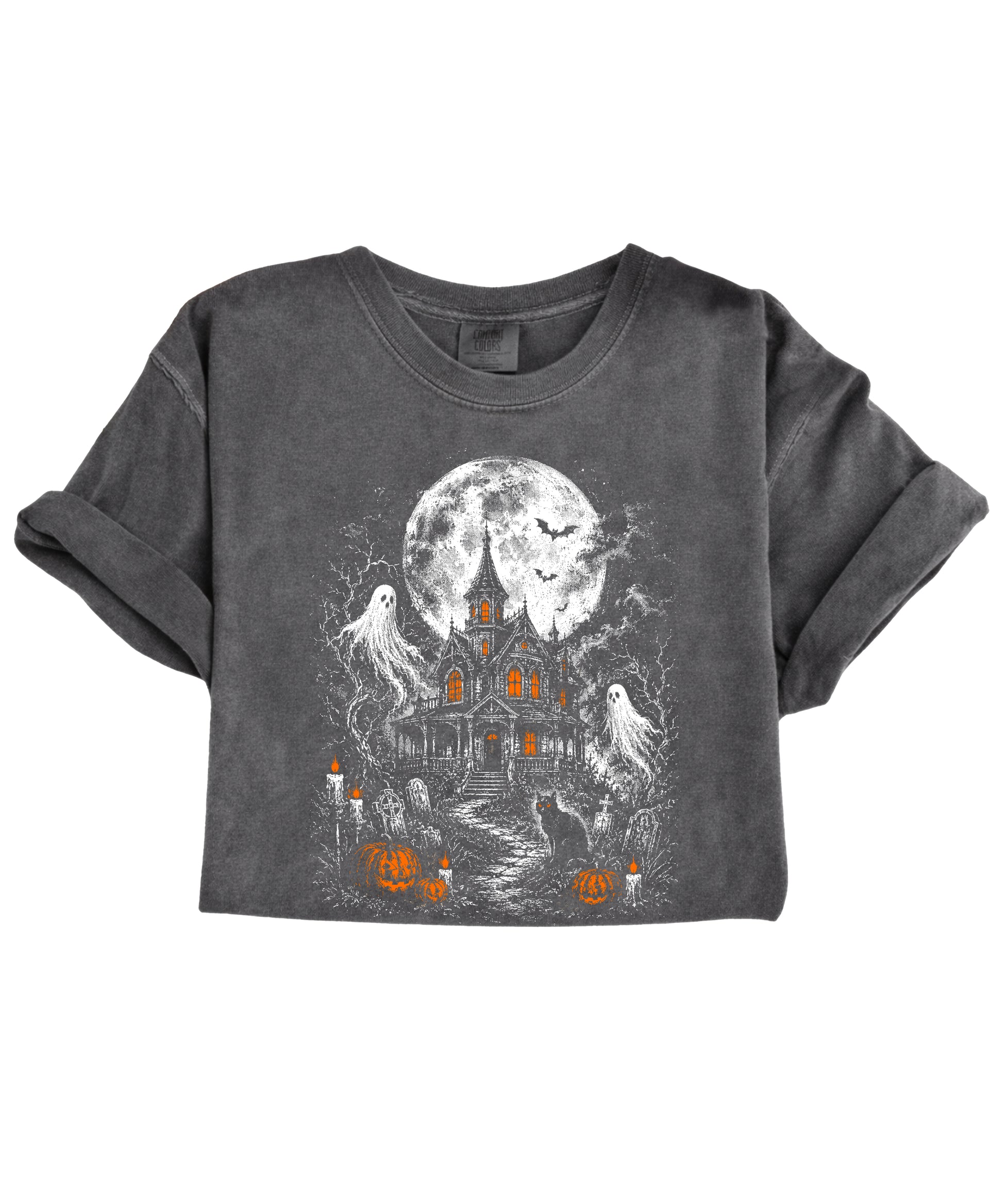 Haunted House Halloween shirt in Pepper, relaxed unisex fit styling shot