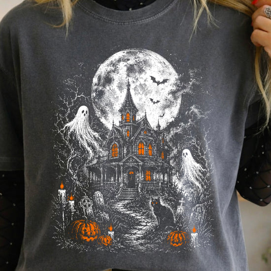 Haunted House Halloween shirt in Pepper, garment-dyed Comfort Colors fabric detail