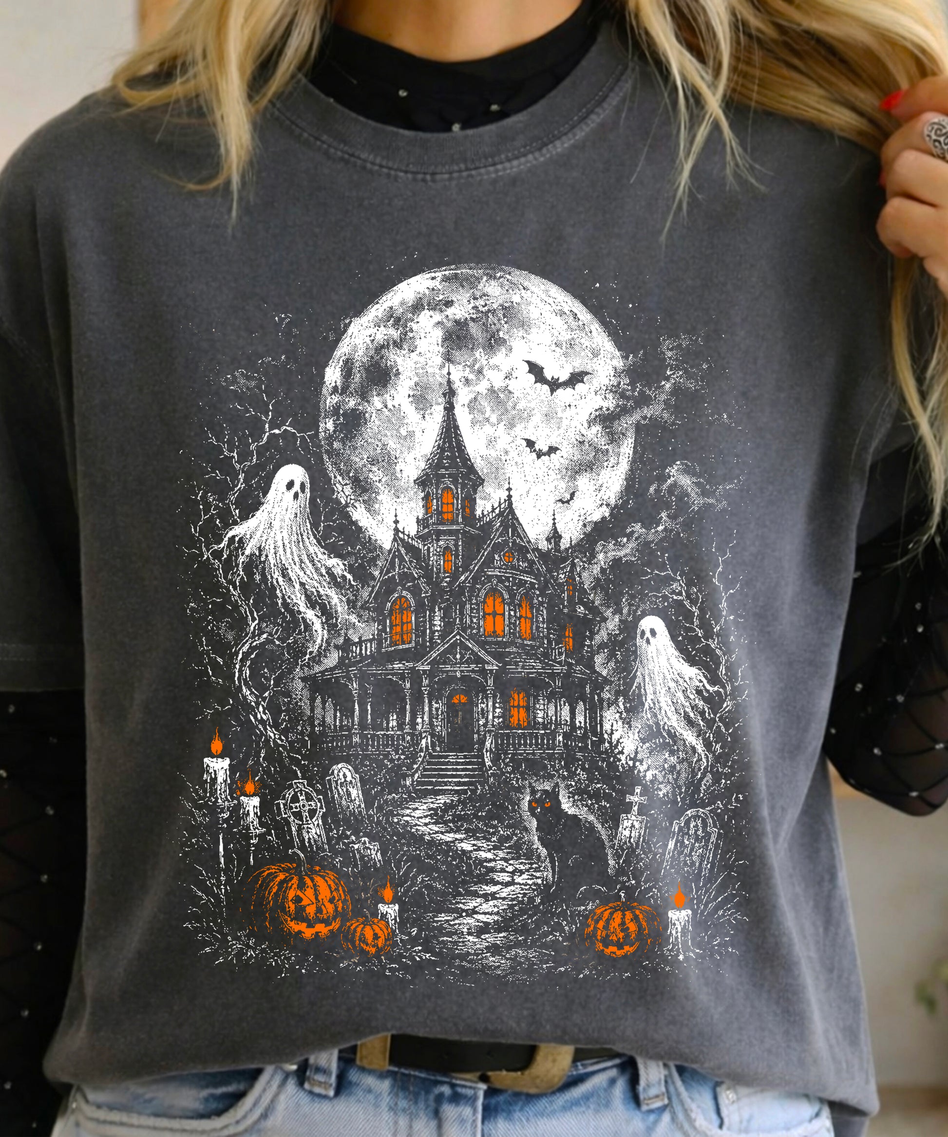 Haunted House Halloween shirt in Pepper, garment-dyed Comfort Colors fabric detail