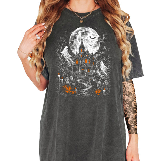 Haunted House Halloween shirt in Pepper, black cat and candles graphic close up