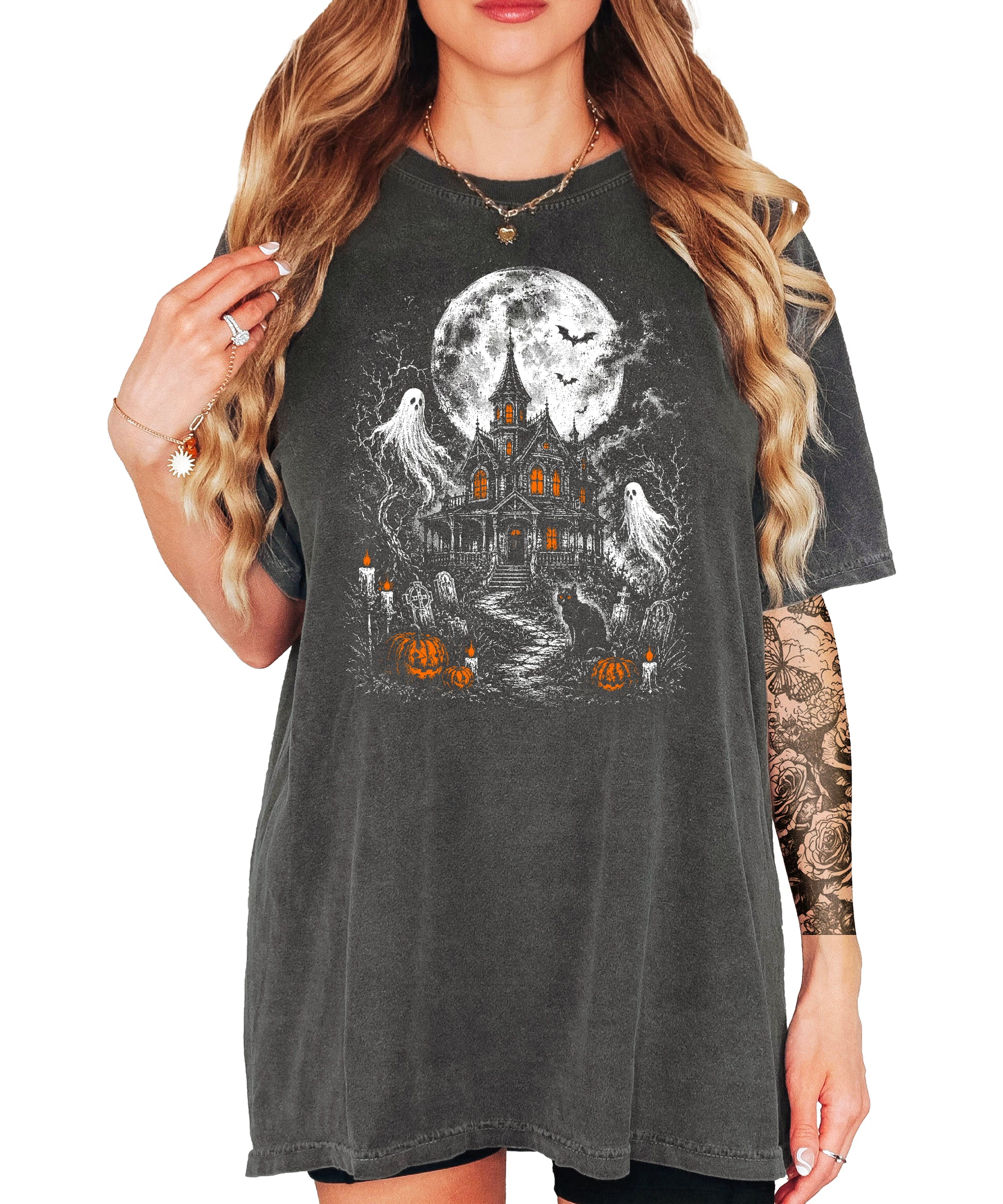 Haunted House Halloween shirt in Pepper, black cat and candles graphic close up
