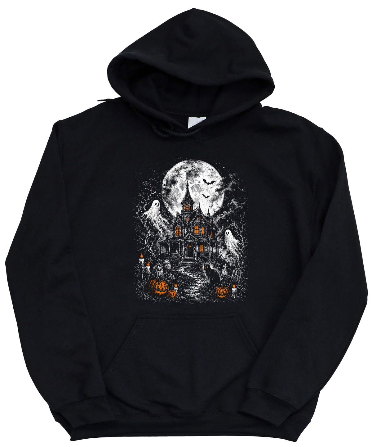 Black haunted house Halloween hoodie shown on model, spooky season graphic pullover
