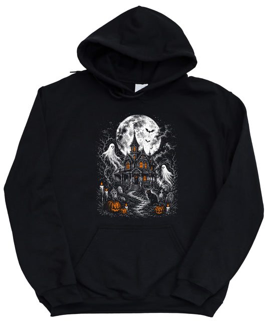 Black haunted house Halloween hoodie shown on model, spooky season graphic pullover
