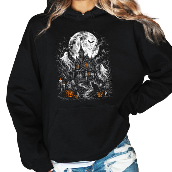 Black haunted house hoodie detail view of ghost and pumpkin graphic print
